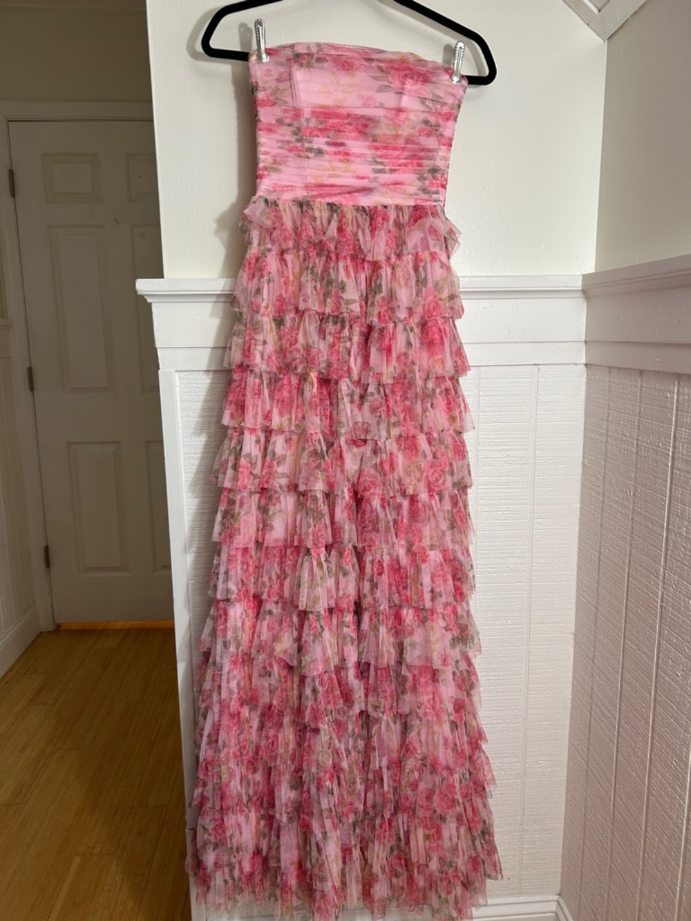 B. Darlin Strapless Pink Floral Ruffle Maxi Dress size 2, prom homecoming dress